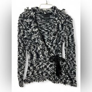 Cynthia Rowley Mohair Wool Black White Fringe Wrap Sweater Cardigan Chic Size S